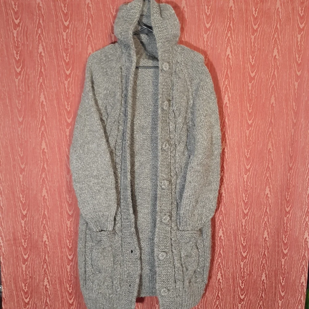 PURE 100% WOOL/KARPAS KNITTED HOODED BUTTON DOWN SWEATER CARDIGAN GRAY WOMEN'S - Picture 1 of 14